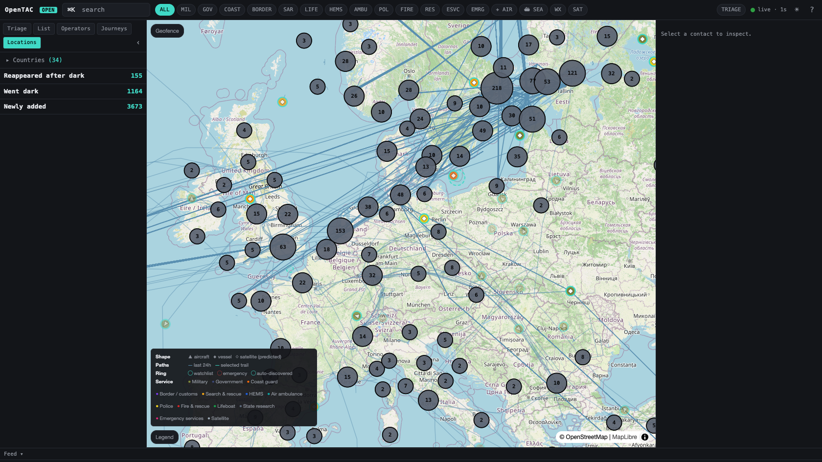 OpenTAC Current Known Locations view: the roster switched to Locations mode listing every tracked asset's last fix, beside the live map.